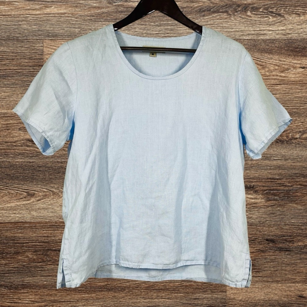 Flax Classic Short Sleeve Shirt Womens M Baby Blue 100% Linen Boxy Boho Chic